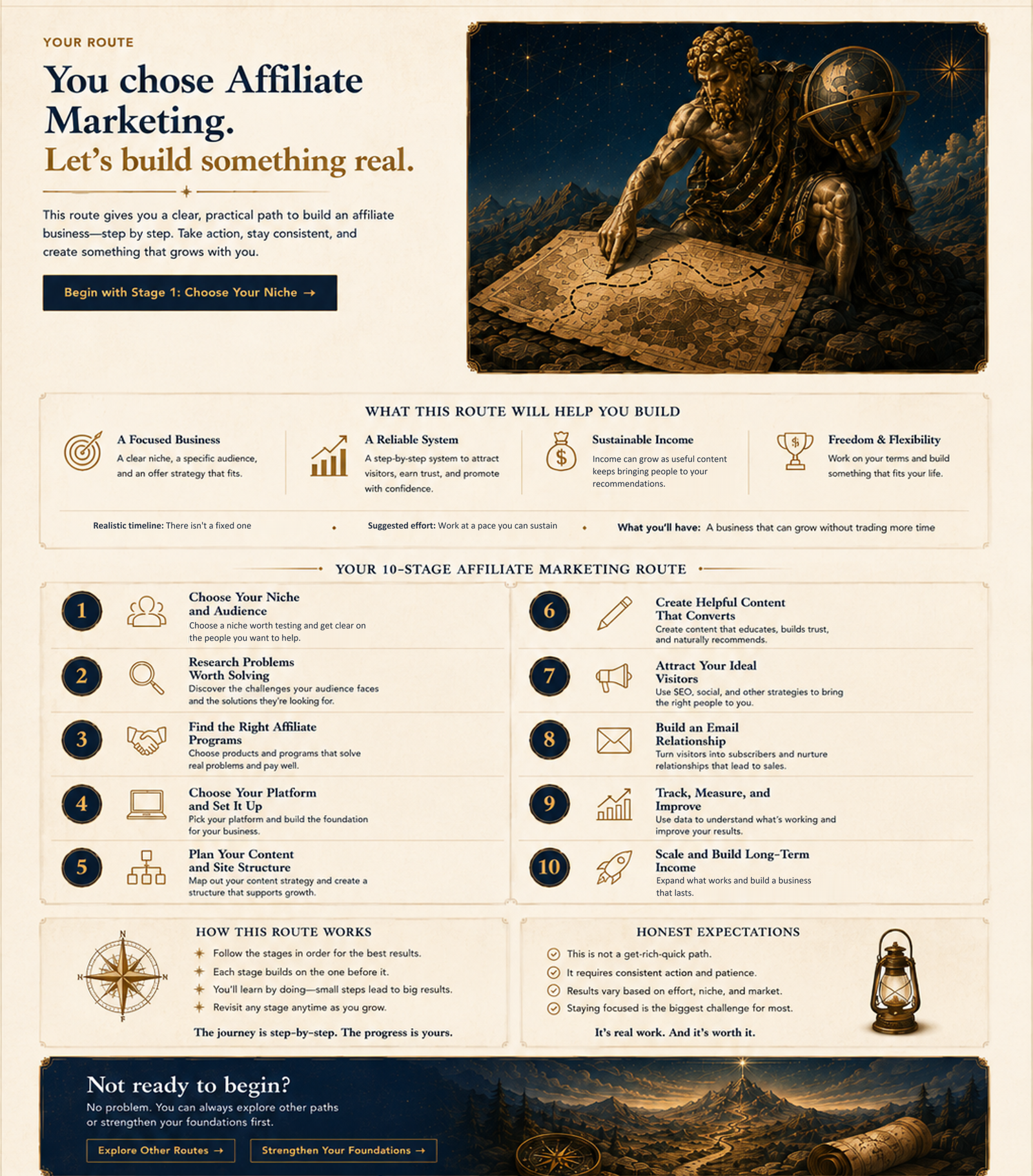 Affiliate Marketing practical route: what the route will help you build, ten stages, how the route works, honest expectations, and options if you are not ready to begin.
