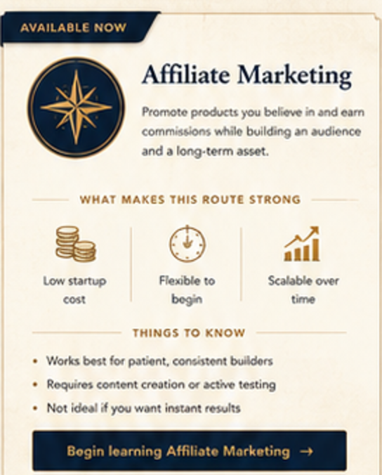 Affiliate Marketing route card, available now, with strengths and things to know.