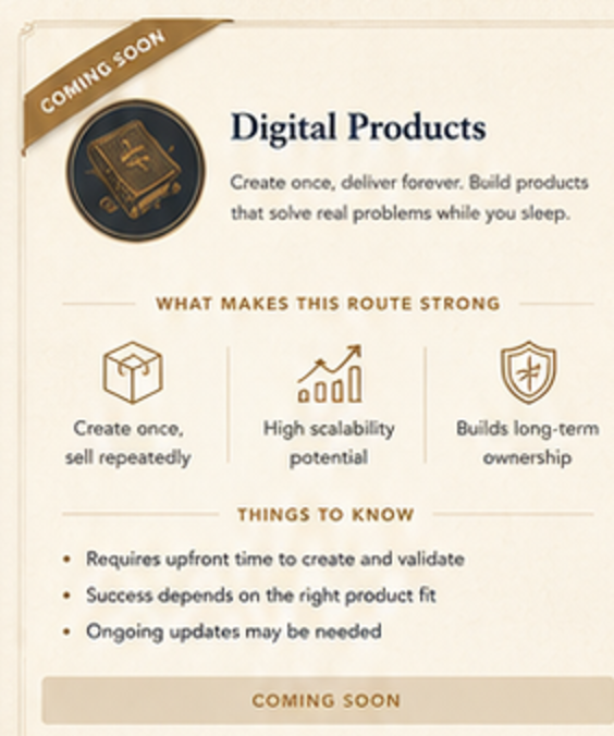Digital Products route card, coming soon, with strengths and things to know.