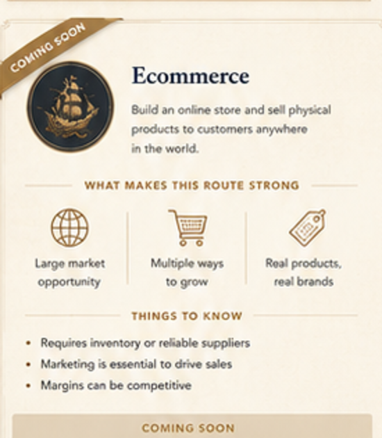 Ecommerce route card, coming soon, with strengths and things to know.