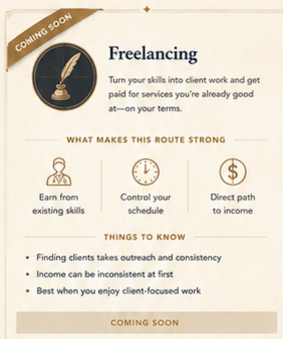 Freelancing route card, coming soon, with strengths and things to know.