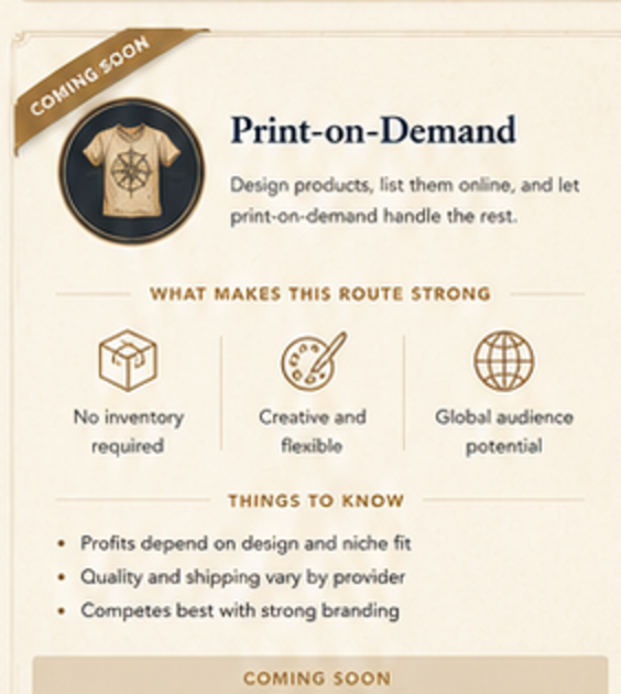 Print-on-Demand route card, coming soon, with strengths and things to know.