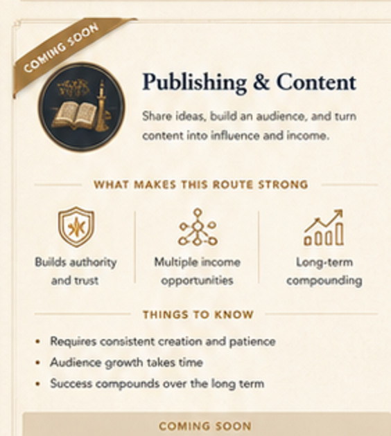 Publishing and Content route card, coming soon, with strengths and things to know.