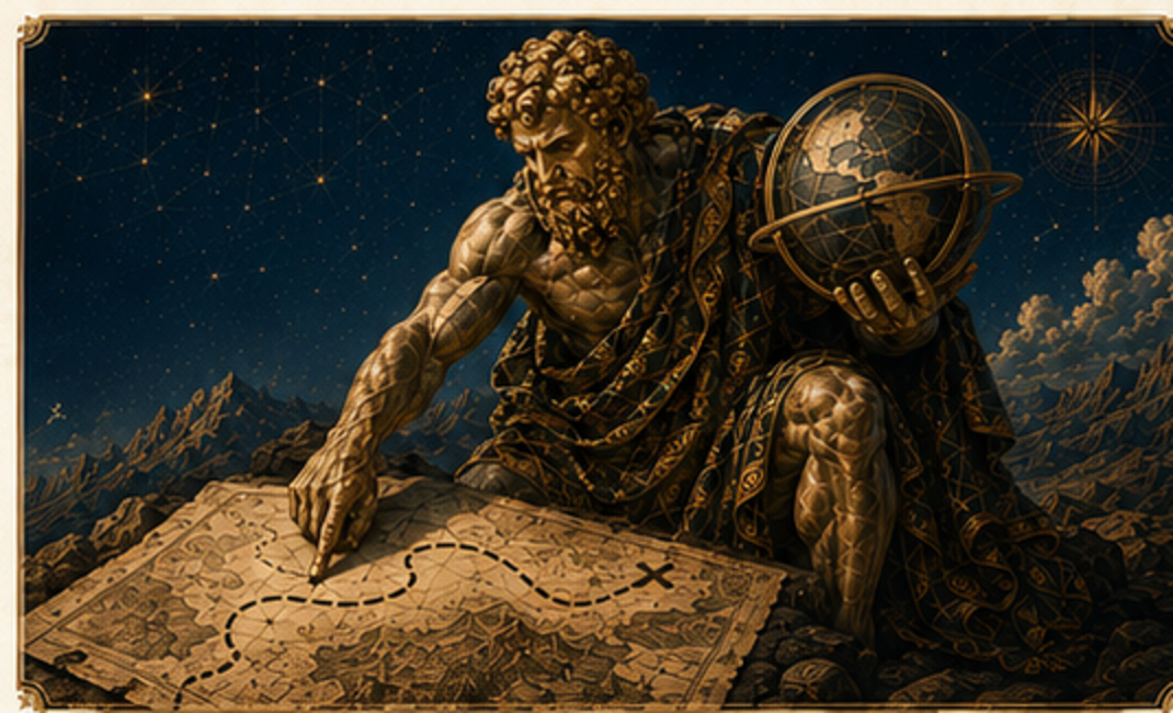 Atlas studying a dotted route across an antique map while holding a globe.