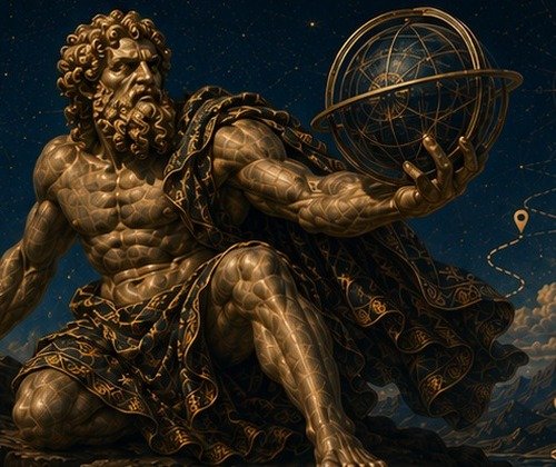 Atlas holding a globe at arm's length