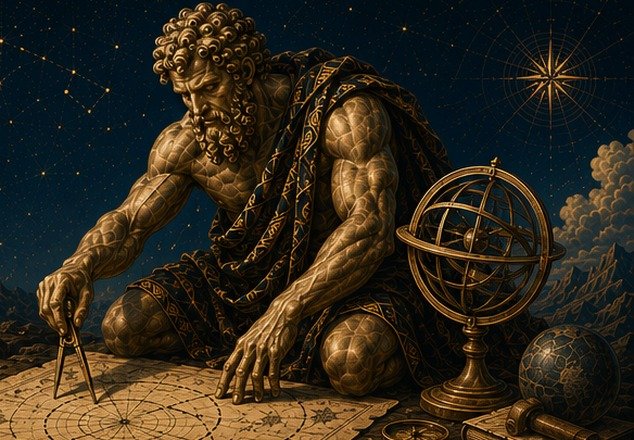 Atlas charting a route on an antique map