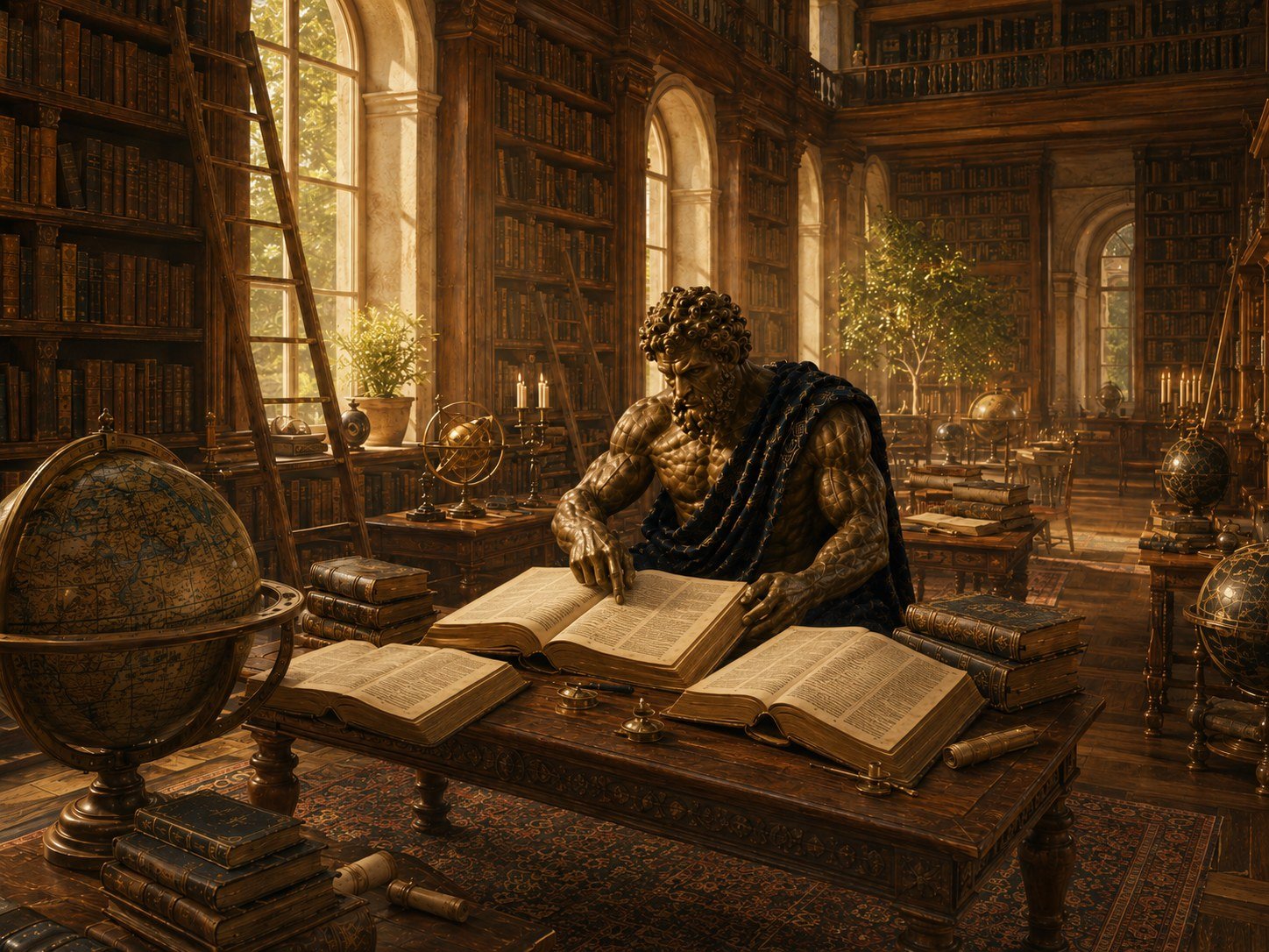 Atlas studying several reference books in a warm library