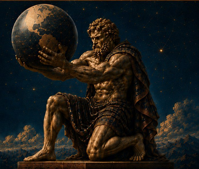 Atlas presenting a celestial globe while considering the path ahead