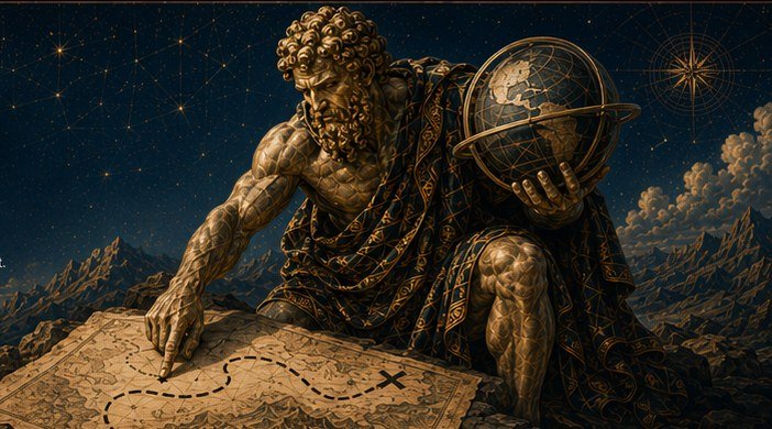 Atlas charting a route across a map