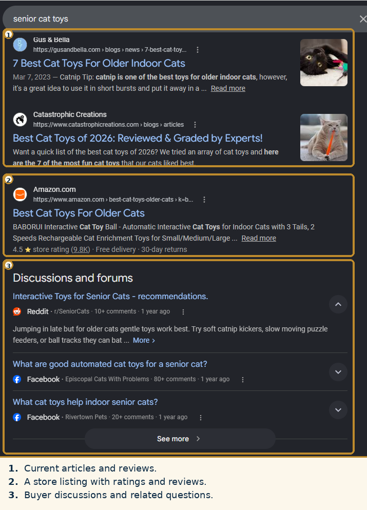 Google search results for senior cat toys showing current articles and reviews, an Amazon store listing with ratings and reviews, and buyer discussions.
