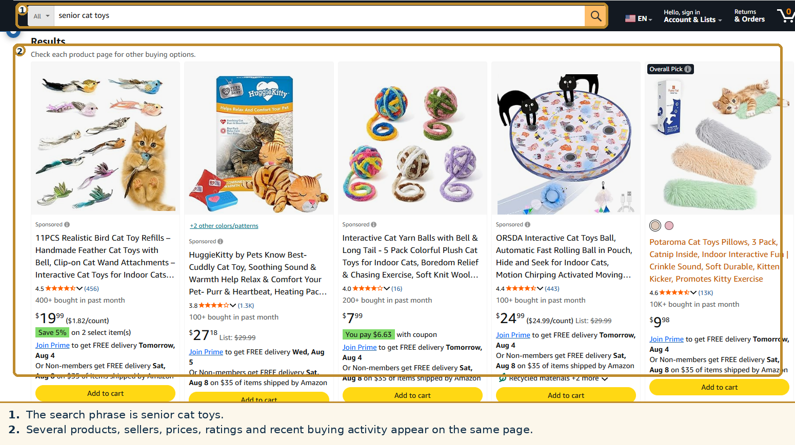 Amazon search results for senior cat toys showing multiple products and sellers, different prices, ratings and recent buying activity.