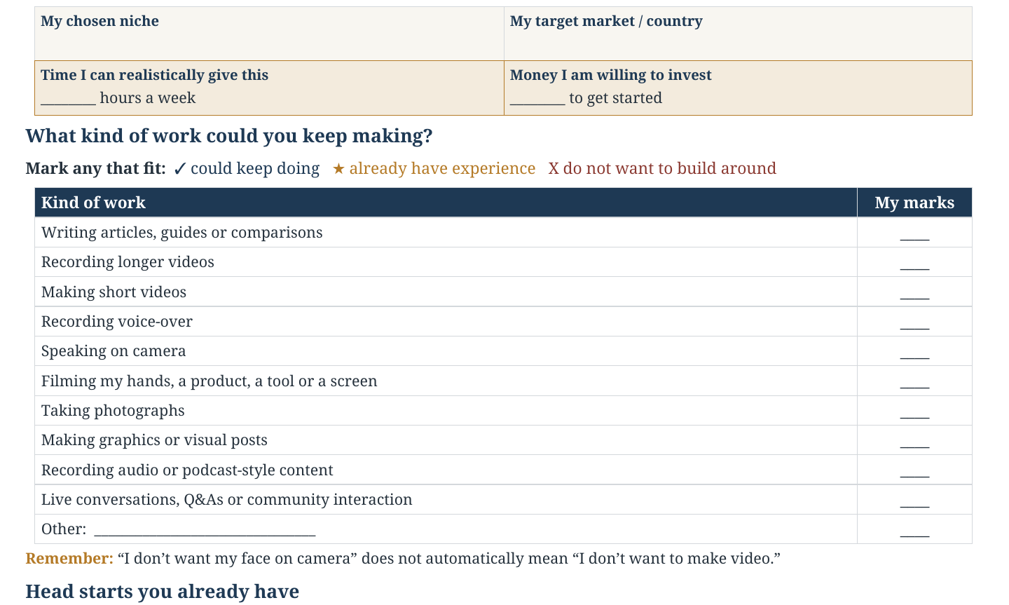Figure 2 — The first worksheet job: mark the kinds of work you could keep making, already know, or do not want to build around.