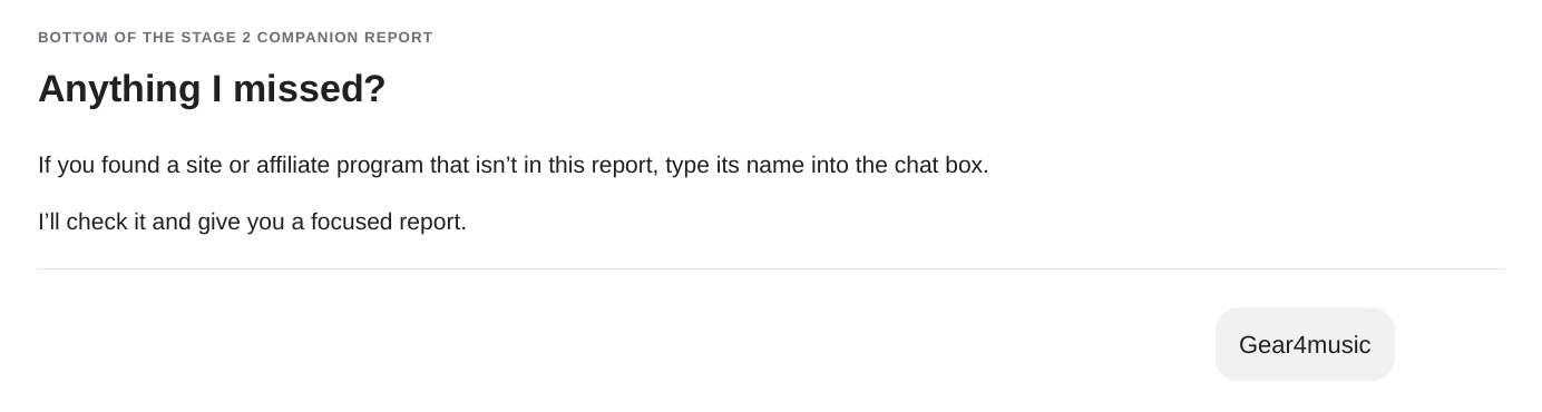 Stage 2 Companion asking Anything I missed, with Gear4music entered in the chat.