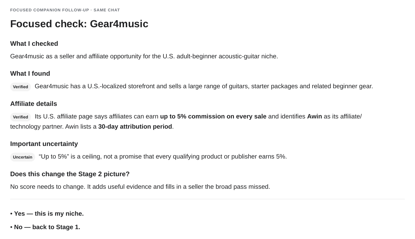 Stage 2 Companion focused Gear4music follow-up showing affiliate details and how the evidence affects the Stage 2 picture.