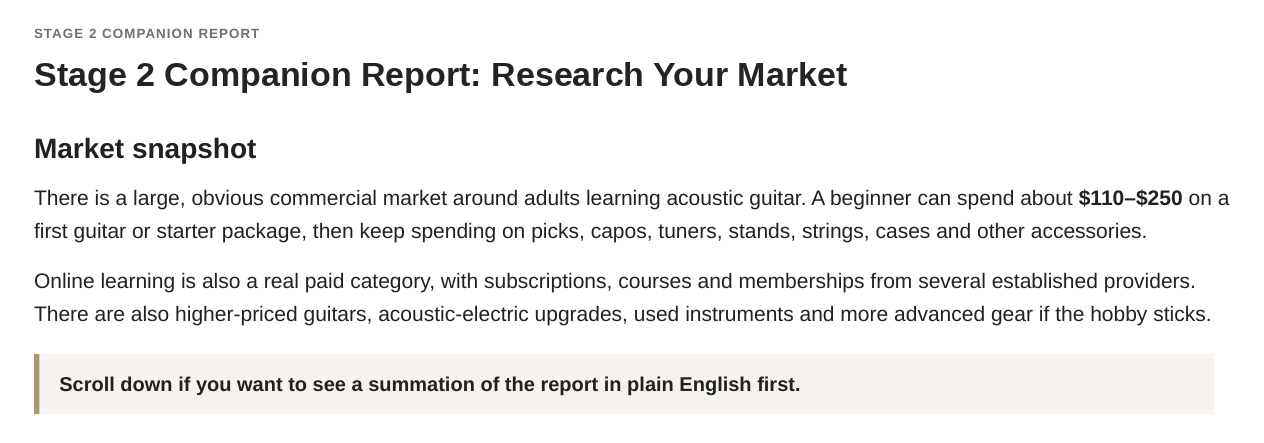 Stage 2 Companion report market snapshot with the option to skip to the Plain English summary.