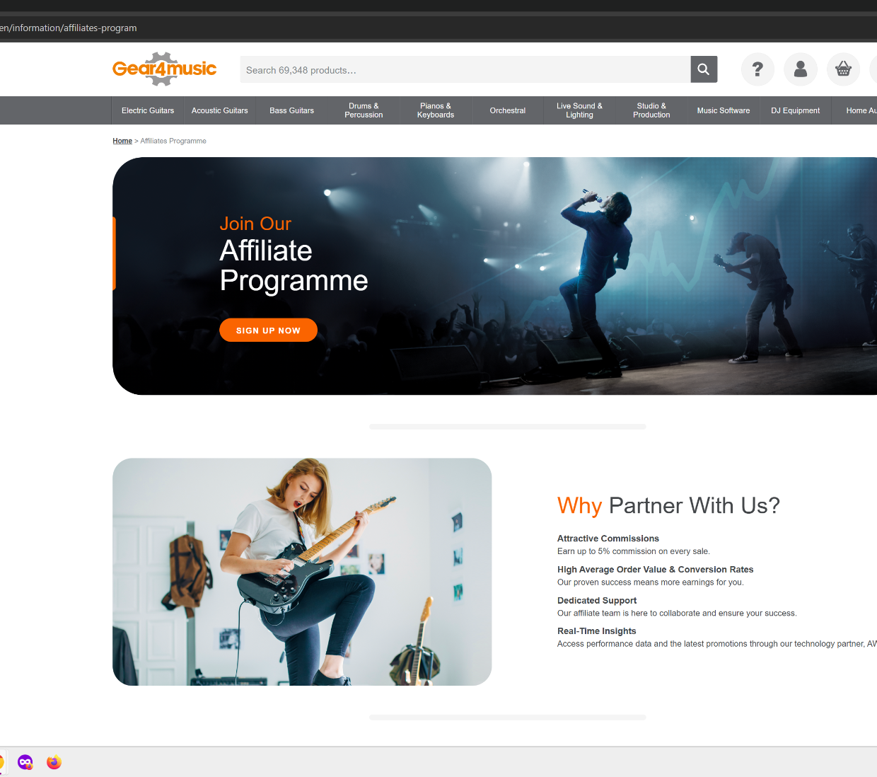Gear4music U.S. affiliate programme page showing affiliates can earn up to 5% commission on every sale.