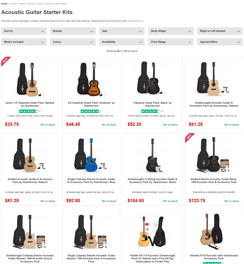 Gear4music U.S. Acoustic Guitar Starter Kits page showing many starter packs and prices.