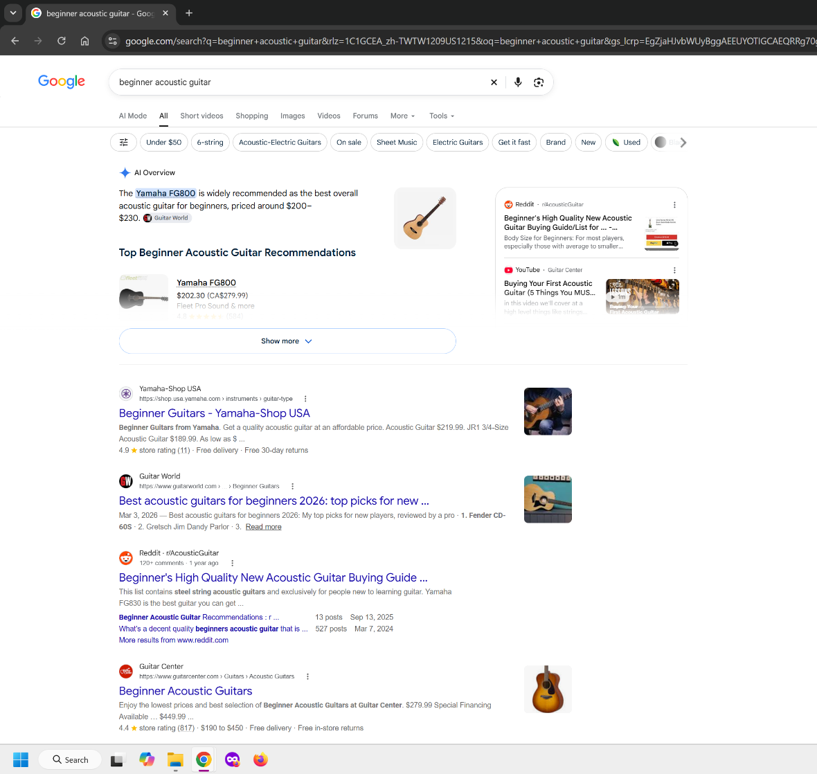 Google search results for beginner acoustic guitar showing an AI overview, beginner guitar recommendations, retailers, Reddit and Guitar World.