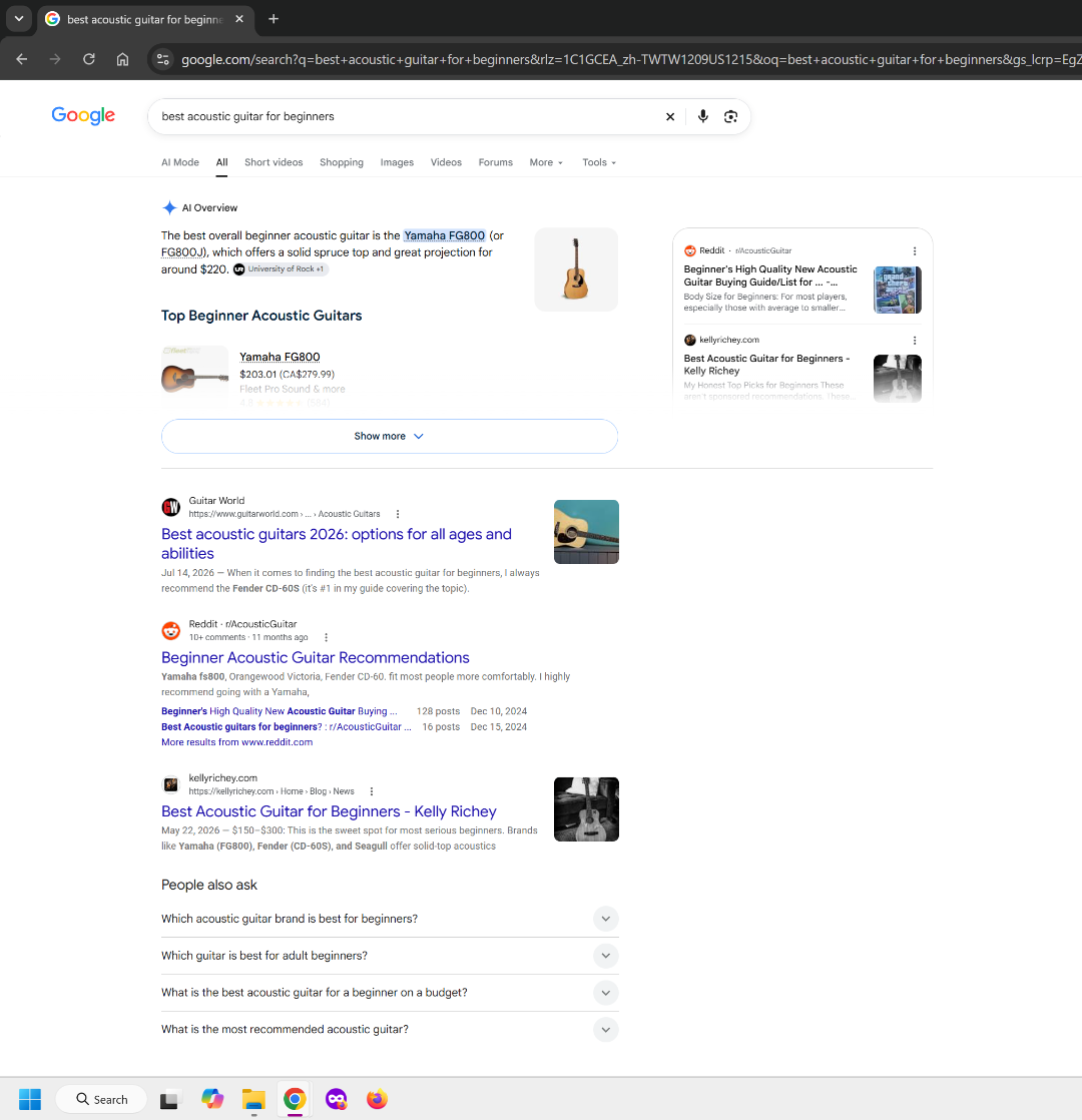 Google results for best acoustic guitar for beginners showing Guitar World, Reddit, buying guides and other competing results.