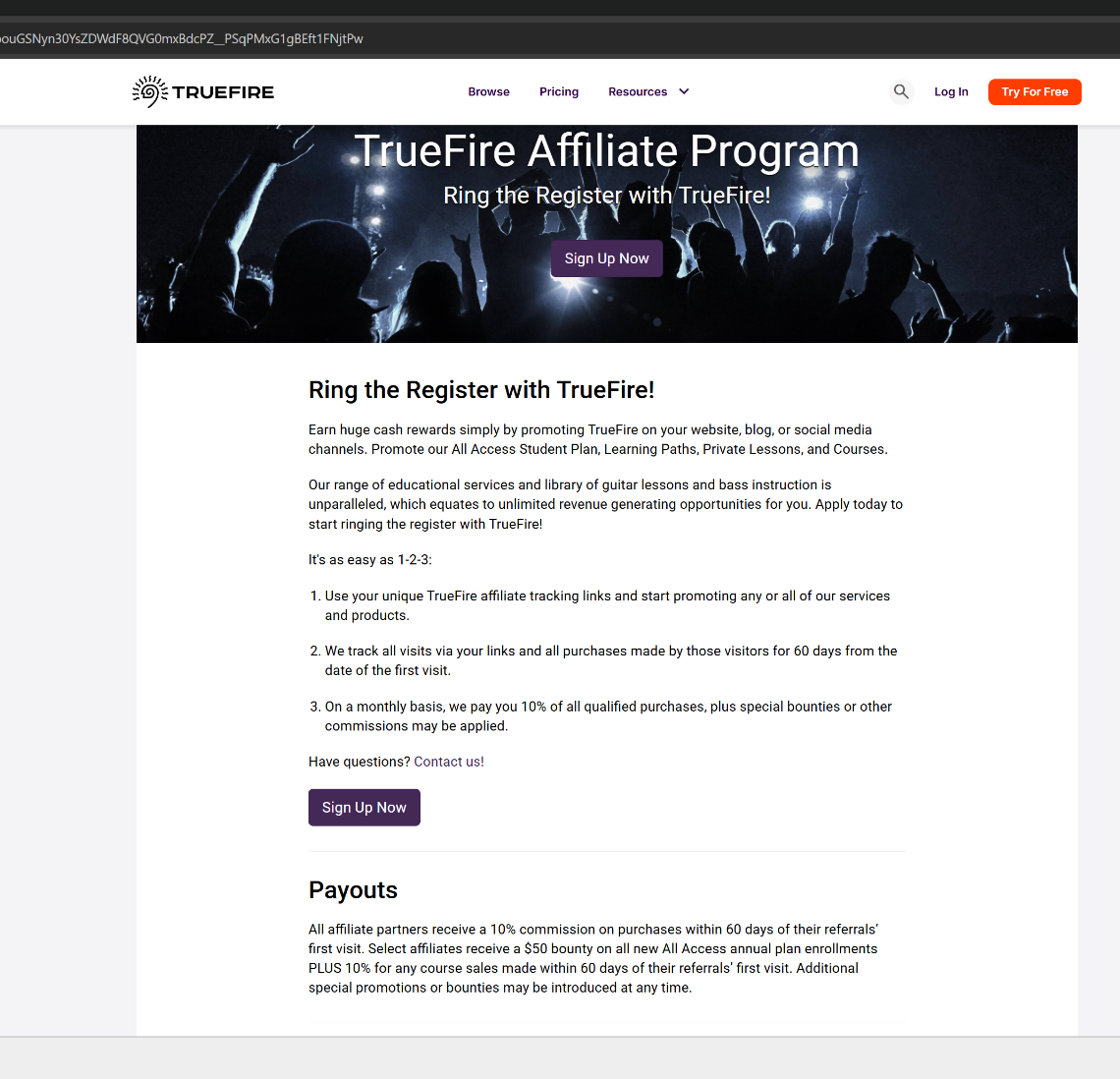 TrueFire affiliate program page showing 10% commission, 60-day tracking and a selected-affiliate 50-dollar annual-plan bounty.