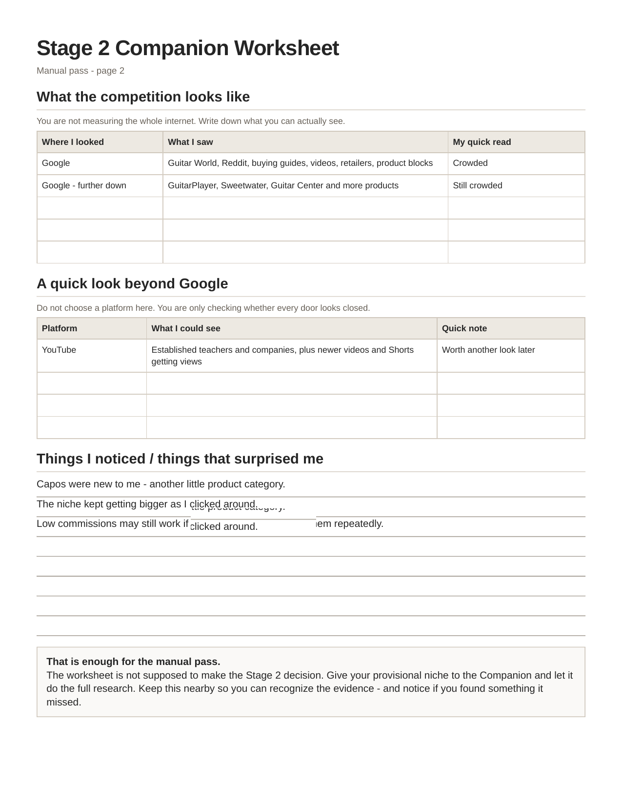 Stage 2 worksheet with Google competition notes and YouTube observations added.