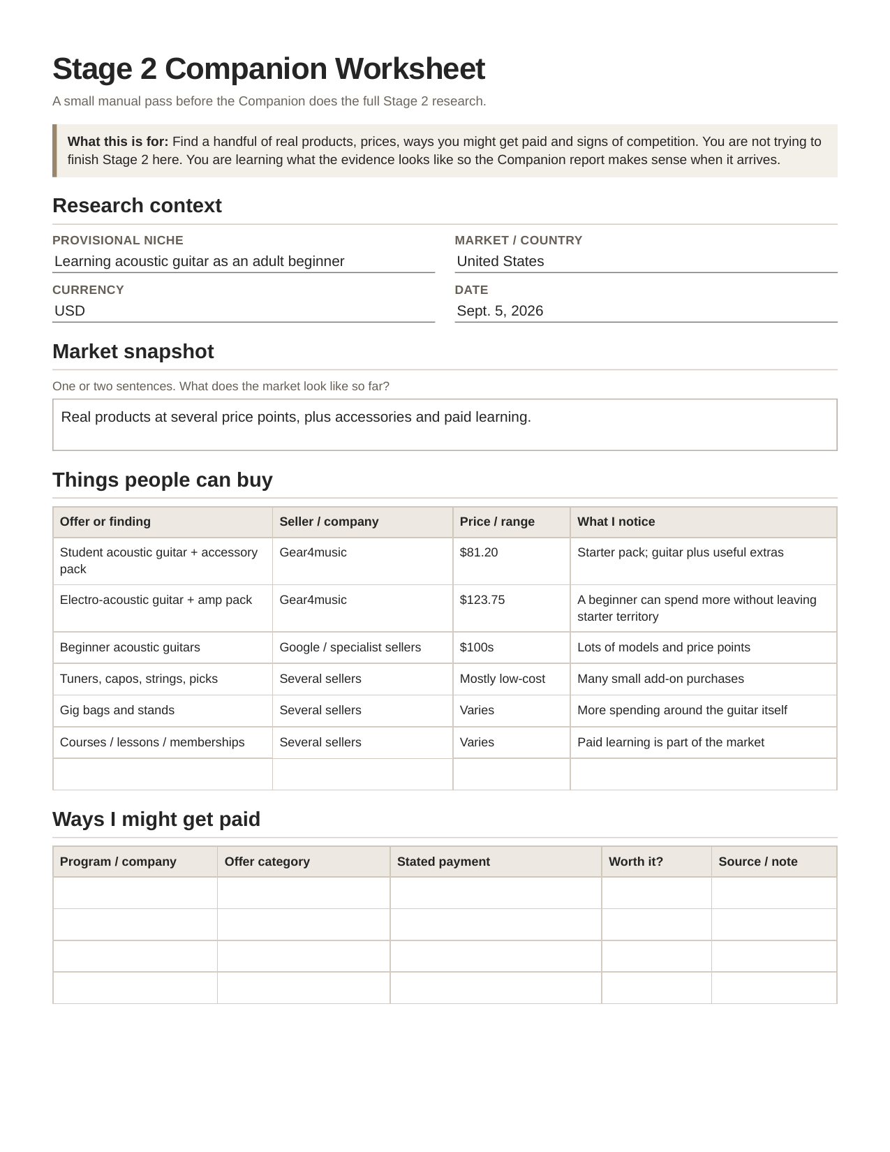 Stage 2 worksheet after the first manual market pass, with products, prices and paid learning noted.
