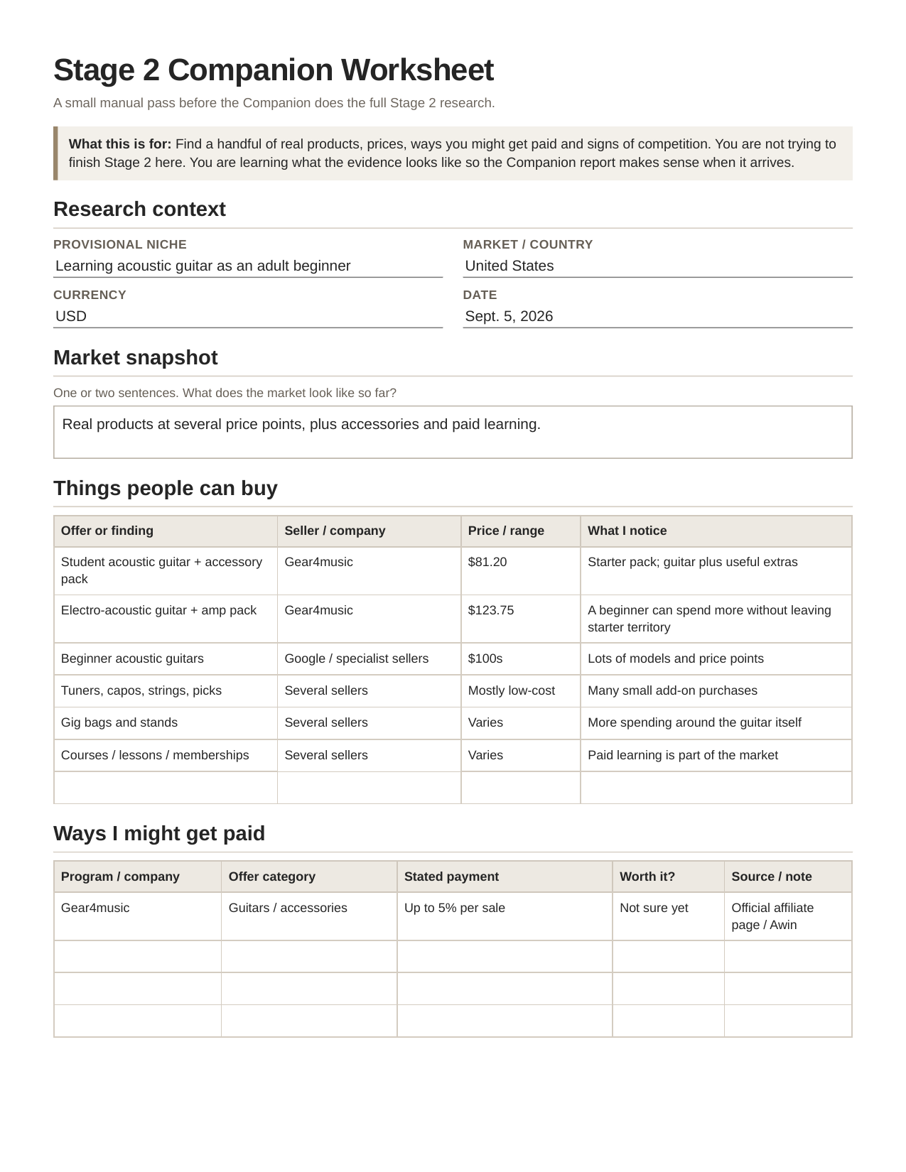 Stage 2 worksheet with Gear4music affiliate evidence added.