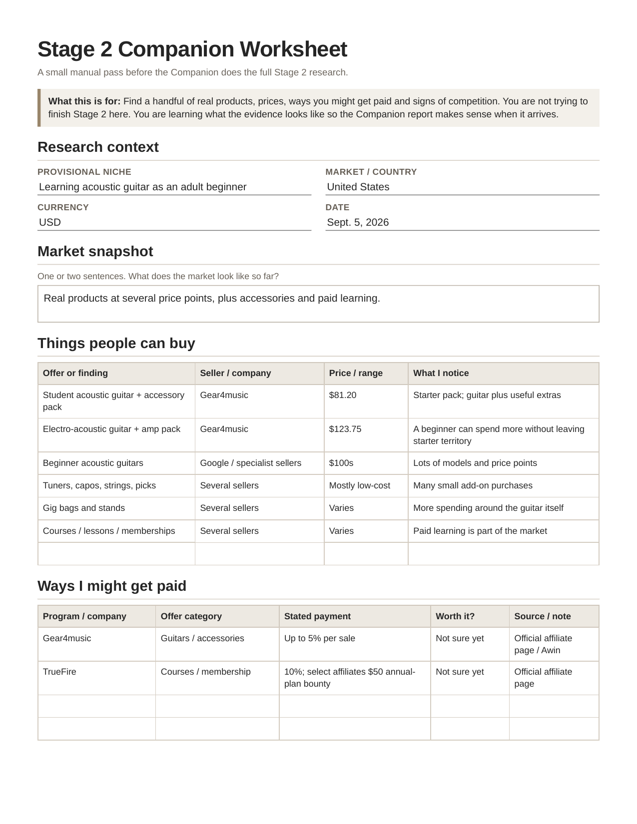 Stage 2 worksheet with TrueFire affiliate evidence added.