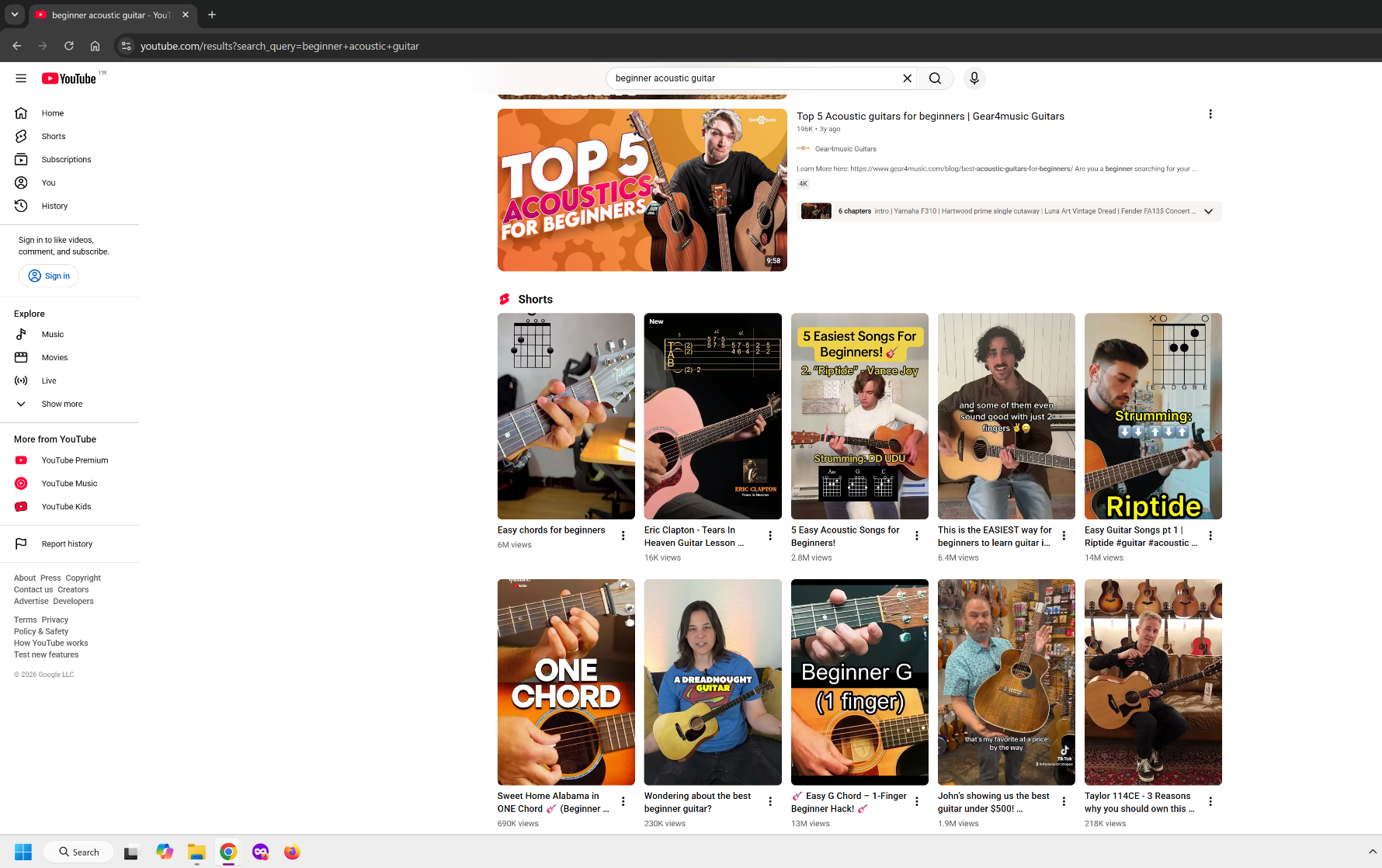 YouTube results for beginner acoustic guitar showing established channels, newer videos and Shorts.